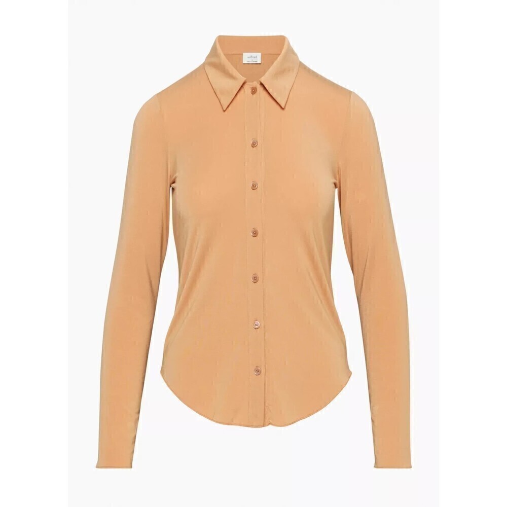 Wilfred Aritzia "Pose" Mustard Yellow Relux Jersey Button Down Blouse sz Medium